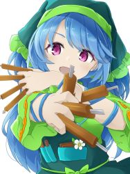 Rule 34 | 1girl, :d, apron, between fingers, blouse, blue hair, bow, chisel, commentary request, dress, eyebrows hidden by hair, flower, foreshortening, green bow, green dress, green headwear, green shirt, hair scarf, haniyasushin keiki, head tilt, highres, holding, long hair, long sleeves, looking at viewer, open mouth, pink eyes, pocket, shirt, simple background, smile, solo, swept bangs, touhou, tyouseki, upper body, white background, wide sleeves