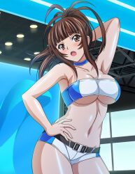 Rule 34 | 1girl, :o, armpits, bandeau, bare arms, belt, black belt, blue bandeau, blue choker, blue shorts, blunt bangs, blush, breasts, brown eyes, brown hair, choker, cleavage, collarbone, contrapposto, cowboy shot, floating hair, hand on own hip, high ponytail, ikkitousen, large breasts, long hair, micro shorts, midriff, navel, open clothes, open mouth, open shorts, race queen, shiny skin, shorts, solo, standing, stomach, two-tone bandeau, two-tone shorts, underboob, white bandeau, white shorts, yagyu mitsuyoshi