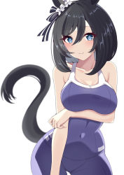 Rule 34 | 1girl, animal ears, black hair, blue eyes, blue one-piece swimsuit, blurry, blush, breasts, collarbone, competition school swimsuit, depth of field, eishin flash (umamusume), hair between eyes, horse ears, horse girl, horse tail, large breasts, looking at viewer, nanao (naoekaki25), one-piece swimsuit, school swimsuit, simple background, smile, solo, swept bangs, swimsuit, tail, umamusume, white background