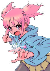 Rule 34 | 10s, 1girl, :o, absurdres, bad id, bad pixiv id, black pantyhose, blue hoodie, brown skirt, clenched hand, fighting stance, highres, hood, hood down, hoodie, inaba miu, jewelry, keigo inoue, looking at viewer, necklace, pantyhose, pink eyes, pink hair, planet with, sidelocks, skirt, solo, twintails