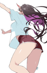 Rule 34 | 1girl, absurdres, ass, black hair, breasts, grin, highres, horns, long hair, oni horns, original, purple hair, red eyes, see-through silhouette, sharp teeth, shorts, simple background, smile, solo, teeth, tochi keisuke, v, white background