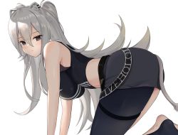 Rule 34 | 1girl, absurdres, ahoge, all fours, animal ears, ass, bare shoulders, black shirt, breasts, closed mouth, crop top, from side, grey eyes, grey hair, hair between eyes, highres, hololive, large breasts, lion ears, lion girl, lion tail, long hair, looking at viewer, midriff, shirt, shishiro botan, shishiro botan (1st costume), sidelocks, simple background, single thighhigh, skin tight, skirt, sleeveless, sleeveless shirt, solo, tail, thighhighs, tight top, two side up, very long hair, vii22581034, virtual youtuber, white background