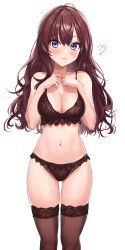 Rule 34 | 1girl, :3, absurdres, bad id, bad pixiv id, bare arms, bare shoulders, black thighhighs, blue eyes, blush, breasts, brown hair, brown thighhighs, cleavage, closed mouth, cowboy shot, embroidered bra, embroidered panties, hair between eyes, hands up, heart, heart in eye, highres, ichinose shiki, idolmaster, idolmaster cinderella girls, kudou (sikisiki0000), lace, lace-trimmed legwear, lace trim, large breasts, lingerie, long hair, looking at viewer, navel, sidelocks, simple background, solo, stomach, symbol in eye, thighhighs, thighs, underwear, underwear only, wavy hair, white background