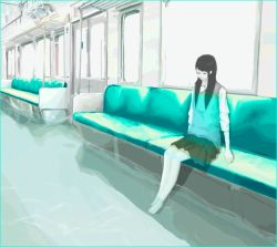Rule 34 | 1girl, aqua theme, arms at sides, contemporary, half-closed eyes, miniskirt, original, sitting, skirt, solo, train, train interior, vanishing point, water