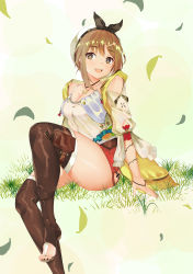 Rule 34 | 1girl, absurdres, atelier (series), atelier ryza, atelier ryza 1, barefoot, breasts, brown eyes, brown hair, cleavage, clothing cutout, fangs, feet, flask, grass, hat, highres, jewelry, legs, looking at viewer, necklace, open mouth, pouch, reisalin stout, round-bottom flask, short shorts, shorts, shoulder cutout, simple background, sitting, solo, thick thighs, thigh pouch, thighhighs, thighs, toeless footwear, toes, white hat, white thighhighs, wide hips