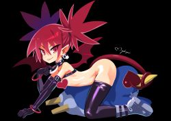Rule 34 | 1boy, 1girl, absurdres, boots, bracelet, censored, censored nipples, demon girl, detached sleeves, disgaea, earrings, etna (disgaea), heart, heart censor, highres, jewelry, pointy ears, prinny, red eyes, red hair, sitting, sitting on person, tail, thighhighs, twintails