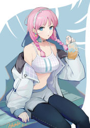 Rule 34 | 1girl, absurdres, adents, arknights, artist name, bare shoulders, black pants, blue eyes, blue poison (arknights), blue poison (shoal beat) (arknights), braid, camisole, commentary request, crop top, dated, earrings, feet out of frame, grey jacket, grey shorts, hairband, hand up, highres, holding, jacket, jewelry, leggings, long hair, long sleeves, looking at viewer, midriff, navel, off shoulder, official alternate costume, open clothes, open jacket, pants, parted lips, partial commentary, pink hair, short shorts, shorts, signature, sitting, solo, spaghetti strap, sports bra, stomach, twin braids