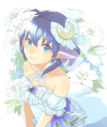 Rule 34 | 1girl, blue eyes, blue hair, bow, closed mouth, crescent, crescent hair ornament, dress, earrings, hair ornament, jewelry, looking at viewer, pointy ears, rena lanford, shida556, short hair, smile, solo, star ocean, star ocean anamnesis, star ocean the second story