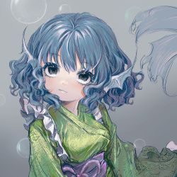 Rule 34 | 1girl, 80isiiii, air bubble, blue eyes, blue hair, breasts, bubble, closed mouth, expressionless, fins, fish tail, gradient background, green kimono, grey background, hair between eyes, head fins, head tilt, highres, japanese clothes, kimono, looking at viewer, medium hair, simple background, small breasts, solo, tail, touhou, underwater, upper body, wakasagihime, wavy hair