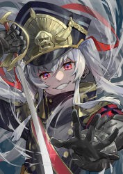Rule 34 | 1girl, altair (re:creators), arm up, black gloves, black hat, black jacket, commentary, commission, english commentary, epaulettes, gauntlets, gloves, grey hair, grin, hair between eyes, hat, high collar, highres, himukai aoi, holding, holding sword, holding weapon, jacket, long hair, looking at viewer, metal gloves, military, military hat, military jacket, military uniform, mixed-language commentary, open hand, pixiv commission, re:creators, red eyes, saber (weapon), shako cap, smile, solo, sword, uniform, upper body, very long hair, weapon