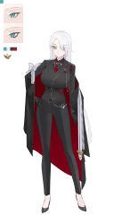 Rule 34 | 1girl, absurdres, belt, black belt, black footwear, black gloves, black jacket, black pants, black shirt, blue eyes, breasts, cape, chest belt, closed mouth, color guide, full body, gloves, hand on own hip, high heels, highres, jacket, large breasts, long hair, looking at viewer, milim nova, necktie, original, pants, red necktie, shirt, simple background, solo, two-sided cape, two-sided fabric, white background, white hair, z-chan (milim nova)