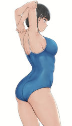 Rule 34 | 1girl, alp, armpits, arms behind head, arms up, ass, black hair, blue eyes, blue one-piece swimsuit, breasts, check copyright, commentary request, competition swimsuit, copyright request, hair ornament, hairclip, highres, kirigaya suguha, large breasts, one-piece swimsuit, short hair, sideboob, simple background, solo, swimsuit, sword art online, thighs, white background