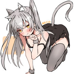 Rule 34 | 1girl, all fours, alternate costume, amatsukaze (kancolle), animal ear fluff, animal ears, black dress, blush, breasts, cat ears, cat tail, dress, fur trim, grey hair, grey thighhighs, hair between eyes, kantai collection, long hair, off shoulder, paw pose, simple background, small breasts, solo, tail, takanashi kei (hitsujikan), thighhighs, two-tone background, two side up, yellow eyes