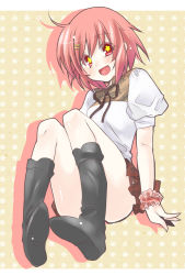 Rule 34 | 1girl, bad id, bad pixiv id, female focus, flat chest, hair ornament, hairclip, legs, miniskirt, open mouth, paopao, pink hair, red eyes, shirt, shoes, short hair, sitting, skirt, solo, symbol-shaped pupils