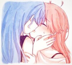 Rule 34 | 2girls, ahoge, blue hair, blue nails, blush, closed eyes, ear blush, face-to-face, facing another, french kiss, hand on another&#039;s face, hand up, hololive, hoshimachi suisei, kiss, long hair, multiple girls, nail polish, open mouth, pink hair, portrait, sakura miko, simple background, small sweatdrop, tongue, virtual youtuber, white background, yumi5469, yuri
