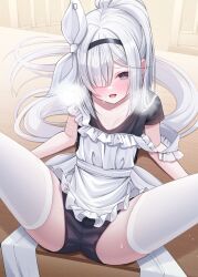 Rule 34 | 1girl, apron, black eyes, black hairband, black shirt, black shorts, blue archive, blush, breasts, collarbone, colored inner hair, frilled apron, frills, fukemachi, grey hair, hair over one eye, hairband, highres, indoors, long hair, looking at viewer, multicolored hair, open mouth, pink hair, plana (blue archive), shirt, short sleeves, shorts, small breasts, solo, thighhighs, thighs, white apron, white thighhighs