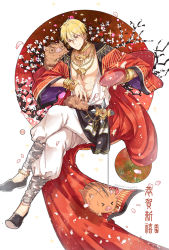 Rule 34 | 1boy, abs, alcohol, animal, arabian clothes, artist name, black footwear, blonde hair, bracelet, cherry blossoms, closed mouth, collarbone, crossed legs, cup, earrings, fate/extella, fate/extra, fate (series), flower, full body, gilgamesh (fate), holding, holding cup, jewelry, long sleeves, looking to the side, male focus, midriff, muscular, necklace, official alternate costume, one eye closed, pants, petals, pig, red eyes, red sun, sakazuki, sake, short hair, sitting, solo, tree, white pants, wide sleeves, worrisorochi