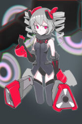 Rule 34 | 1girl, absurdres, bare shoulders, black gloves, black leotard, black thighhighs, breasts, bronya zaychik, bronya zaychik (black nucleus), closed mouth, cropped legs, drill hair, elbow gloves, error1980, gloves, glowing, grey background, grey hair, hair ornament, highres, honkai (series), honkai impact 3rd, leotard, looking at viewer, project bunny, red eyes, small breasts, thighhighs, twin drills
