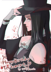 Rule 34 | 1other, absurdres, androgynous, ascot, asymmetrical gloves, bare shoulders, black hair, fingerless gloves, gloves, guilty gear, guilty gear strive, hat, highres, long hair, looking at viewer, mgxcr, other focus, red eyes, solo, testament (guilty gear)