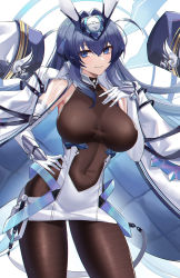 Rule 34 | 1girl, absurdres, animal ears, azur lane, bare shoulders, black pantyhose, blue eyes, blue hair, bodystocking, breasts, detached sleeves, dress, elbow gloves, eternity (shadeh), gloves, halterneck, hand on own hip, hand on own chest, headgear, highres, jacket, jacket on shoulders, large breasts, looking at viewer, looking to the side, new jersey (azur lane), pantyhose, skin tight, skindentation, smile
