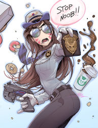 Rule 34 | &gt;:o, 1girl, :o, animal print, artist name, aviator sunglasses, belt, blue background, blue shirt, brand name imitation, breast pocket, breasts, brown hair, coffee, coffee cup, collared shirt, cowboy shot, crumbs, cup, d.va (overwatch), disposable cup, doughnut, english text, facepaint, facial mark, female service cap, finger on trigger, food, food on face, from side, frown, glasses, gloves, gradient background, gun, handgun, hat, holding, holding gun, holding weapon, long hair, long sleeves, looking at viewer, looking to the side, necktie, officer d.va, official alternate costume, opaque glasses, open mouth, overwatch, overwatch 1, pants, pinky out, pistol, pocket, police, police badge, police uniform, policewoman, rabbit print, shirt, signature, small breasts, solo, speech bubble, spilling, starbucks, striped necktie, striped neckwear, sunglasses, swept bangs, teeth, uniform, v-shaped eyebrows, vashperado, weapon, whisker markings, white background, white gloves