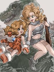 Rule 34 | 2girls, ayla (chrono trigger), blonde hair, blue eyes, breasts, chrono cross, chrono trigger, club (weapon), curly hair, dinosaur, gloves, highres, leah, long hair, mother and daughter, multiple girls, open mouth, smile, uzutanco, weapon