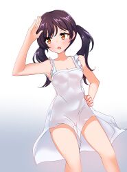 Rule 34 | absurdres, bang dream!, blush, brown eyes, dress, futaba tsukushi, hand on own hip, highres, looking afar, purple hair, simple background, supersexyhot, twintails, white dress