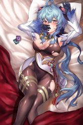 Rule 34 | 1girl, ahoge, armpits, arms up, bed sheet, bell, black gloves, black leotard, black pantyhose, blanket, blue hair, blush, bodystocking, breasts, brown legwear, cleavage, commentary request, condom, condom wrapper, covering own mouth, detached sleeves, feet out of frame, flower knot, from above, ganyu (genshin impact), genshin impact, gloves, highres, horns, large breasts, leotard, long hair, long sleeves, looking at viewer, lying, mixed-language commentary, on back, on bed, pantyhose, pengrani, pillow, purple eyes, red ribbon, ribbon, sweat, tassel, thighlet, torn bodystocking, torn clothes, torn leotard, very long hair, vision (genshin impact)