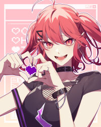 Rule 34 | 13 (bbr584607091), 1girl, black shirt, breasts, cleavage, collar, commentary, fishnets, gradient background, hair ornament, hairclip, heart, heart hands, highres, jewelry, large breasts, looking at viewer, open mouth, original, pink background, pixel heart, red eyes, red hair, ring, shirt, short sleeves, smile, solo, strap, symbol-only commentary, two side up, upper body, window (computing), yellow background