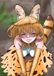 Rule 34 | 1girl, :p, aburaeoyaji, animal ears, bare shoulders, blonde hair, blush, bow, bowtie, cat ears, cat girl, cat tail, center frills, closed eyes, elbow gloves, extra ears, frilled skirt, frills, gloves, high-waist skirt, highres, kemono friends, multicolored hair, photo-referenced, print bow, print bowtie, print skirt, serval (kemono friends), serval print, shirt, short hair, skirt, sleeveless, solo, tail, tongue, tongue out, upper body, white shirt, yellow gloves
