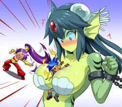 Rule 34 | 1boy, 2girls, = =, angry, arms up, bare shoulders, bdsm, between breasts, blue background, blue hair, blush, bolo (shantae), bondage, bound, breasts, chain, cleavage, closed eyes, colored skin, cuffs, dark-skinned female, dark skin, fins, forehead jewel, forehead protector, gem, giant, giantess, giga mermaid, green skin, hair ornament, hand on another&#039;s chest, happy, harem pants, head fins, headband, jealous, large breasts, mermaid, monster girl, multiple girls, navel, no mouth, o-ring, o-ring top, open mouth, pants, person between breasts, pervert, pointing, pointy ears, ponytail, purple hair, red eyes, restrained, shantae, shantae: half-genie hero, shantae (series), shell, shell bikini, shoes, simple background, spiked hair, tears, upper body, wanao, wristband