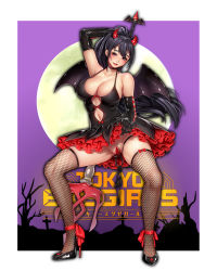 Rule 34 | 1girl, armpits, bare shoulders, black dress, black eyes, black gloves, black hair, blush, breasts, choker, cleavage, clothes lift, clothing cutout, collarbone, covering privates, covering crotch, demon girl, demon horns, demon tail, demon wings, dress, dress lift, elbow gloves, fishnet thighhighs, fishnets, full body, full moon, gloves, halloween, halloween costume, halter dress, halterneck, high heels, horns, large breasts, long hair, looking at viewer, masami chie, moon, navel cutout, no panties, official art, parted lips, polearm, ponytail, smile, solo, standing, tail, thighhighs, tokyo exe girls, trident, weapon, wings