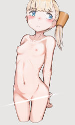 Rule 34 | 1girl, :&lt;, arms behind back, artist request, blonde hair, blue eyes, blunt bangs, blush, breasts, censored, closed mouth, collarbone, commentary request, convenient censoring, cowboy shot, gluteal fold, grey background, groin, hair between eyes, highres, kabayaki namazu, kantai collection, long hair, looking away, navel, nipples, nude, pussy, shin&#039;you (kancolle), simple background, solo, standing, stomach, tearing up, thighs