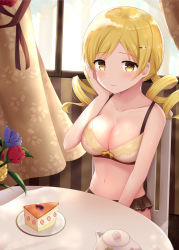 Rule 34 | 1girl, bad id, bad pixiv id, blonde hair, bra, breasts, cake, cake slice, chair, collarbone, drill hair, food, hair ornament, hairpin, hand on own cheek, hand on own face, highres, indoors, large breasts, mahou shoujo madoka magica, mahou shoujo madoka magica (anime), navel, plate, sitting, smile, solo, suzugahama, table, tomoe mami, twin drills, underwear, underwear only, yellow bra, yellow eyes