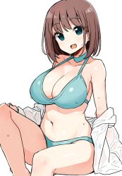 Rule 34 | 1girl, :d, aqua bikini, aqua choker, aqua eyes, bare arms, bare legs, bare shoulders, bikini, blush, breasts, brown hair, choker, cleavage, collarbone, fang, female focus, groin, halterneck, head tilt, invisible chair, jacket, knee up, large breasts, legs, long sleeves, looking at viewer, navel, neck, off shoulder, open clothes, open jacket, open mouth, saki (manga), shisoneri, short hair, sidelocks, simple background, sitting, smile, solo, stomach, sweat, swimsuit, thighs, unozawa shiori, wet, wet clothes, white background, white jacket