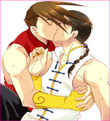 Rule 34 | 2boys, black hair, braid, bridal gauntlets, brothers, brown hair, chinese clothes, closed eyes, french kiss, incest, kiss, lowres, male focus, multiple boys, muscular, nao (naotto), no headwear, siblings, simple background, single braid, street fighter, street fighter iii (series), sweat, twincest, twins, yang lee, yaoi, yun lee