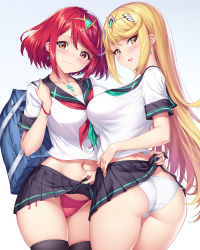 Rule 34 | 2girls, ass, asymmetrical docking, bag, black legwear, black sailor collar, black skirt, blonde hair, blush, bob cut, breast press, breasts, closed mouth, clothes lift, commentary, cowboy shot, duplicate, earrings, english commentary, green neckerchief, highres, ivenglynn, jewelry, large breasts, lifting another&#039;s clothes, long hair, looking at viewer, looking back, midriff, multiple girls, mythra (xenoblade), nail polish, navel, neckerchief, nintendo, open mouth, panties, pixel-perfect duplicate, pleated skirt, pyra (xenoblade), red eyes, red hair, red neckerchief, red panties, sailor collar, school bag, school uniform, serafuku, shirt, short hair, short sleeves, side-tie panties, simple background, skirt, skirt lift, smile, standing, thighhighs, tiara, underwear, very long hair, white background, white panties, white shirt, xenoblade chronicles (series), xenoblade chronicles 2, yellow eyes