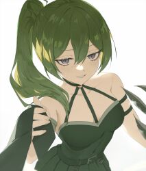 Rule 34 | 1girl, arm strap, bare shoulders, belt, black belt, black dress, breasts, choker, clenched teeth, collarbone, covered navel, dress, green hair, hair between eyes, highres, juffles, long hair, looking at viewer, medium breasts, o-ring, o-ring choker, open mouth, pleated dress, purple eyes, side ponytail, sidelocks, simple background, solo, sousou no frieren, suspenders hanging, teeth, ubel (sousou no frieren), upper body, white background