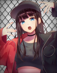 Rule 34 | 1girl, bad id, bad pixiv id, black choker, black hair, black jacket, black shirt, choker, collarbone, commentary request, highres, jacket, long sleeves, multicolored clothes, multicolored jacket, nail polish, open mouth, original, pink nails, red jacket, shikura s, shirt, solo, teeth, two-tone jacket, upper teeth only