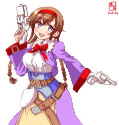 Rule 34 | 1girl, belt, braid, brown hair, commentary request, cosplay, cowboy shot, dated, dress, dual wielding, grey eyes, gun, hairband, handgun, highres, holding, kanon (kurogane knights), kantai collection, light brown hair, logo, long hair, looking at viewer, open mouth, pistol, purple dress, red hairband, simple background, smile, solo, teruzuki (kancolle), twin braids, virginia maxwell, virginia maxwell (cosplay), weapon, white background, wild arms, wild arms 3