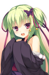 Rule 34 | 1girl, aria (koiiroharemoyou), bare shoulders, bell, blunt bangs, blush, butterfly hair ornament, commentary request, detached sleeves, flat chest, floral print, gradient background, green hair, hair bell, hair ornament, hair ribbon, head tilt, highres, hime cut, long hair, long sleeves, looking at viewer, murasame (senren), open mouth, orange background, own hands together, pom pom (clothes), purple ribbon, raised eyebrows, red eyes, red sash, ribbon, sash, senren banka, sidelocks, simple background, sleeves past fingers, sleeves past wrists, smile, solo, straight hair, teeth, two side up, upper teeth only, very long hair, white background, wide sleeves, yuzu-soft