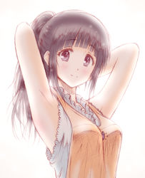 Rule 34 | 1girl, apron, armpits, arms behind head, arms up, black hair, bluez, blunt bangs, casual, chitanda eru, hyouka, long hair, looking at viewer, ponytail, purple eyes, simple background, sleeveless, smile, solo, upper body, white background