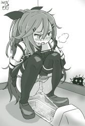 Rule 34 | 2girls, bathroom, blush, breath, gloves, hair ornament, hair ribbon, hairclip, harusame (kancolle), highres, kantai collection, long hair, looking down, monochrome, multiple girls, musou bw, open mouth, panties, panty pull, peeing, peeking, ponytail, pussy, ribbon, shirt, shoes, skirt, sleeveless, sleeveless shirt, sparkle, squat toilet, squatting, steam, sweat, thighhighs, toilet, toilet use, uncensored, underwear, yamakaze (kancolle)