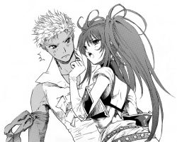 Rule 34 | 1boy, 1girl, bare shoulders, belt, detached sleeves, long hair, loni dunamis, monochrome, nanaly fletch, short hair, tales of (series), tales of destiny 2, twintails