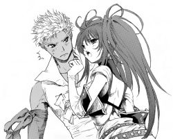 1boy 1girl bare_shoulders belt detached_sleeves long_hair loni_dunamis monochrome nanaly_fletch short_hair tales_of_(series) tales_of_destiny tales_of_destiny_2 twintails