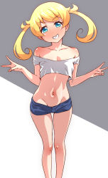 Rule 34 | 10s, 1girl, bare shoulders, blonde hair, blue eyes, blush, breasts, cleavage, double v, feet out of frame, grin, head tilt, highres, kiratto pri chan, light blush, long hair, looking at viewer, lowleg, lowleg shorts, midriff, moegi emo, multicolored background, navel, no bra, parted lips, pretty series, shorts, simple background, small breasts, smile, solo, standing, stomach, teeth, tokomaya keita, twintails, v