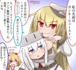 Rule 34 | 3girls, alternate hair color, aqua eyes, belt, blonde hair, blue eyes, breasts, cleavage, cosplay, furisode, gangut (kancolle), hibiki (kancolle), houston (kancolle) (cosplay), houston (kancolle), iowa (kancolle), japanese clothes, kantai collection, kimono, long hair, medium breasts, mitchell (dynxcb25), multiple girls, open mouth, red eyes, smile, sweatdrop, tape, translation request