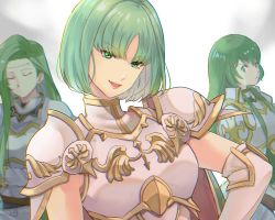 Rule 34 | 3girls, annand (fire emblem), anzk232, armor, bob cut, closed eyes, closed mouth, crossed arms, dithorba (fire emblem), elbow gloves, erinys (fire emblem), fire emblem, fire emblem: genealogy of the holy war, gloves, green eyes, green hair, hand on own hip, high collar, long hair, looking at viewer, multiple girls, nintendo, parted lips, short hair, shoulder armor, simple background, smile, upper body, very long hair, white armor, white background, white gloves