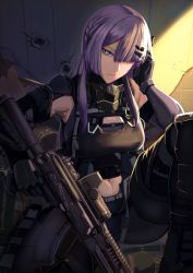 Rule 34 | 1girl, abs, ak-15, ak-15 (girls&#039; frontline), armor, artificial eye, assault rifle, bare shoulders, black gloves, black pants, closed mouth, commentary request, elbow gloves, girls&#039; frontline, gloves, gun, hair over one eye, hand in own hair, highres, kalashnikov rifle, long hair, mask, unworn mask, mechanical eye, pants, purple hair, replikia, rifle, squatting, weapon