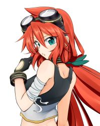Rule 34 | 1girl, ahoge, amano tora, back, bandages, bare shoulders, breasts, collar, crop top, from behind, gloves, goggles, goggles on head, green eyes, hair between eyes, kazenoko, long bangs, long hair, looking at viewer, looking back, nape, orange hair, original, puckered lips, sarashi, simple background, solo, tank top, twintails, upper body, very long hair, white background